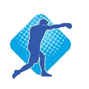 Erkek boks atletinin silueti iş başında. Boks sporu için eldiven giyen kaslı bir adamın silueti..