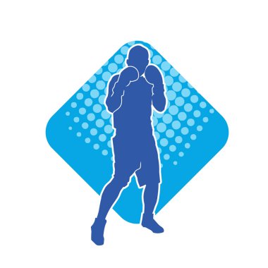 Erkek boks atletinin silueti iş başında. Boks sporu için eldiven giyen kaslı bir adamın silueti..