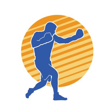 Erkek boks atletinin silueti iş başında. Boks sporu için eldiven giyen kaslı bir adamın silueti..