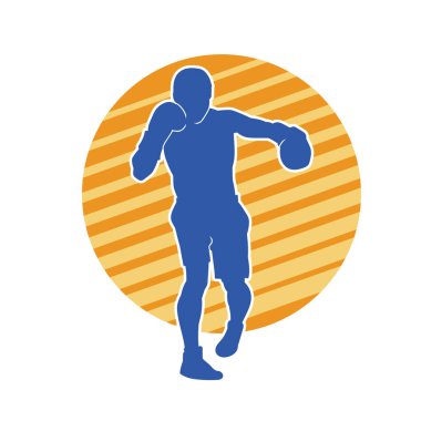 Erkek boks atletinin silueti iş başında. Boks sporu için eldiven giyen kaslı bir adamın silueti..