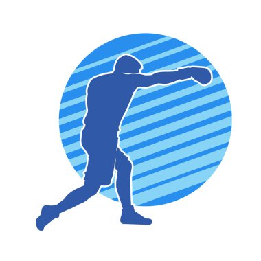Erkek boks atletinin silueti iş başında. Boks sporu için eldiven giyen kaslı bir adamın silueti..