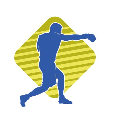 Erkek boks atletinin silueti iş başında. Boks sporu için eldiven giyen kaslı bir adamın silueti..