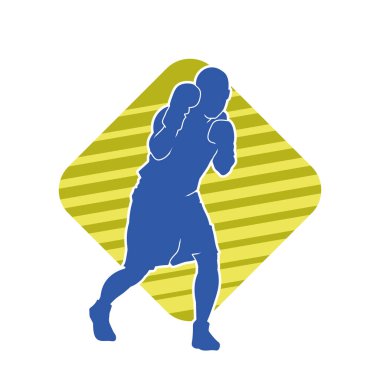 Erkek boks atletinin silueti iş başında. Boks sporu için eldiven giyen kaslı bir adamın silueti..