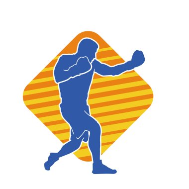 Erkek boks atletinin silueti iş başında. Boks sporu için eldiven giyen kaslı bir adamın silueti..