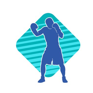 Erkek boks atletinin silueti iş başında. Boks sporu için eldiven giyen kaslı bir adamın silueti..