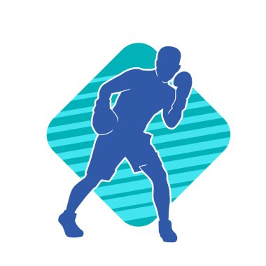 Erkek boks atletinin silueti iş başında. Boks sporu için eldiven giyen kaslı bir adamın silueti..