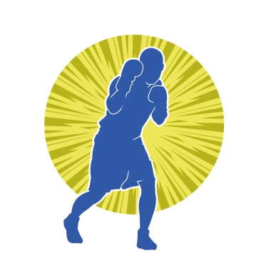Erkek boks atletinin silueti iş başında. Boks sporu için eldiven giyen kaslı bir adamın silueti..