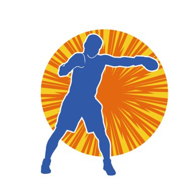 Erkek boks atletinin silueti iş başında. Boks sporu için eldiven giyen kaslı bir adamın silueti..