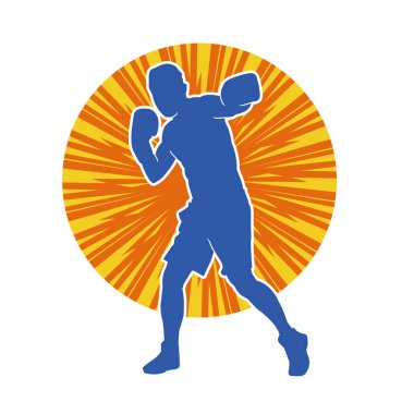 Erkek boks atletinin silueti iş başında. Boks sporu için eldiven giyen kaslı bir adamın silueti..