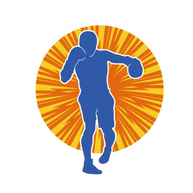 Erkek boks atletinin silueti iş başında. Boks sporu için eldiven giyen kaslı bir adamın silueti..