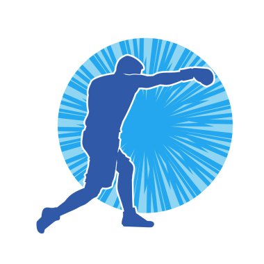 Erkek boks atletinin silueti iş başında. Boks sporu için eldiven giyen kaslı bir adamın silueti..