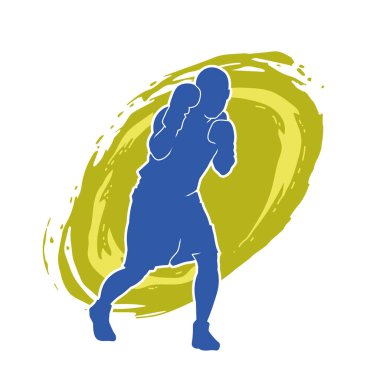 Erkek boks atletinin silueti iş başında. Boks sporu için eldiven giyen kaslı bir adamın silueti..
