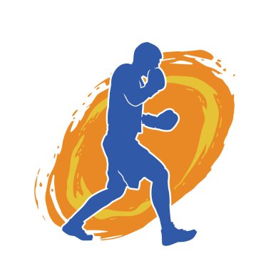 Erkek boks atletinin silueti iş başında. Boks sporu için eldiven giyen kaslı bir adamın silueti..