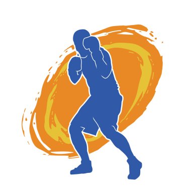Erkek boks atletinin silueti iş başında. Boks sporu için eldiven giyen kaslı bir adamın silueti..