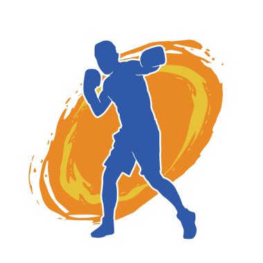 Erkek boks atletinin silueti iş başında. Boks sporu için eldiven giyen kaslı bir adamın silueti..