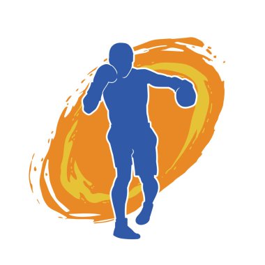 Erkek boks atletinin silueti iş başında. Boks sporu için eldiven giyen kaslı bir adamın silueti..