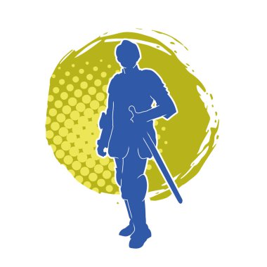 Savaş zırhı giymiş bir erkek savaşçının silueti. Kılıç ile poz veriyor..