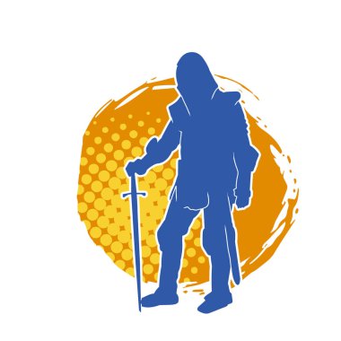 Savaş zırhı giymiş bir erkek savaşçının silueti. Kılıç ile poz veriyor..