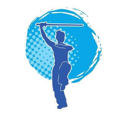 Kung fu 'nun silueti ya da Wushu dövüş sanatları sporcusu pozu. Dövüş sanatları ustasının silueti kılıçlarla poz vermiş..