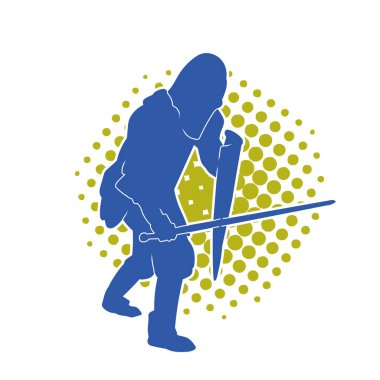 Savaş zırhı giymiş bir erkek savaşçının silueti. Kılıç ve demir kalkan kullanıyor.