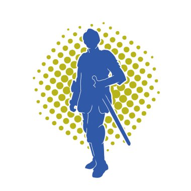 Savaş zırhı giymiş bir erkek savaşçının silueti. Kılıç ile poz veriyor..