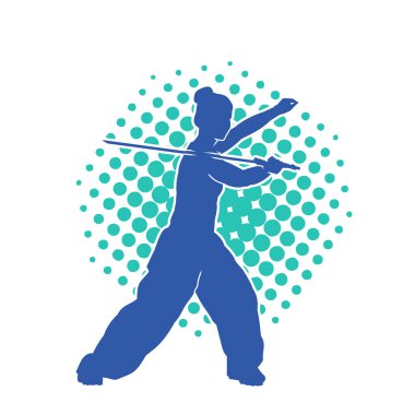 Kung fu 'nun silueti ya da Wushu dövüş sanatları sporcusu pozu. Dövüş sanatları ustasının silueti kılıçlarla poz vermiş..