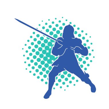 Savaş zırhı giymiş bir erkek savaşçının silueti. Kılıç ile poz veriyor..