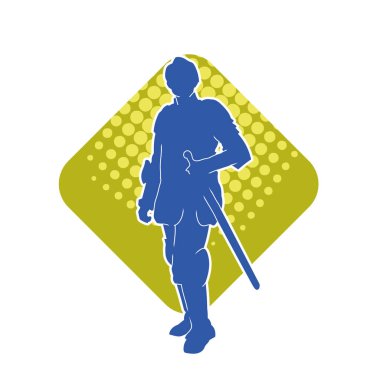 Savaş zırhı giymiş bir erkek savaşçının silueti. Kılıç ile poz veriyor..