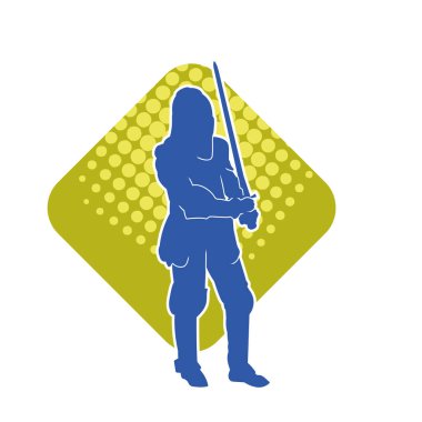 Savaş zırhı giymiş bir erkek savaşçının silueti. Kılıç ile poz veriyor..