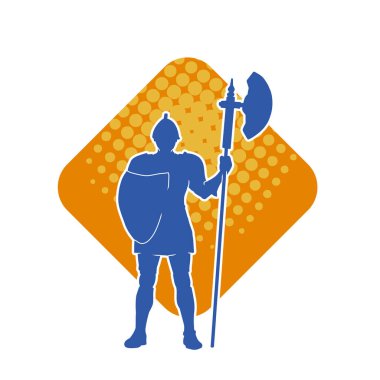 Polarm silahı ve demir kalkanı olan eski bir askerin silueti. Bir Romalı savaşçının silueti halberd ya da polebaltalı silah kullanıyor..