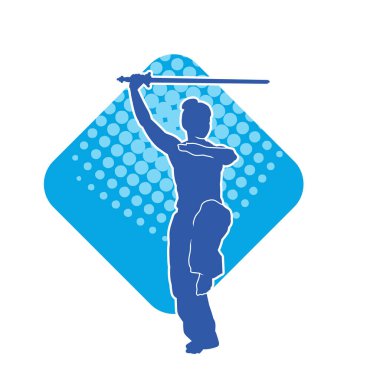 Kung fu 'nun silueti ya da Wushu dövüş sanatları sporcusu pozu. Dövüş sanatları ustasının silueti kılıçlarla poz vermiş..