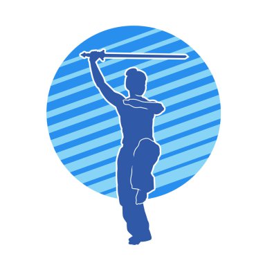 Kung fu 'nun silueti ya da Wushu dövüş sanatları sporcusu pozu. Dövüş sanatları ustasının silueti kılıçlarla poz vermiş..
