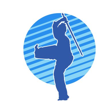 Kung fu 'nun silueti ya da Wushu dövüş sanatları sporcusu pozu. Dövüş sanatları ustasının silueti kılıçlarla poz vermiş..