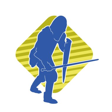 Savaş zırhı giymiş bir erkek savaşçının silueti. Kılıç ve demir kalkan kullanıyor.