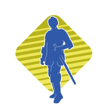 Savaş zırhı giymiş bir erkek savaşçının silueti. Kılıç ile poz veriyor..