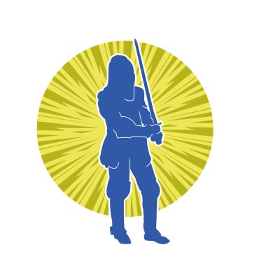 Savaş zırhı giymiş bir erkek savaşçının silueti. Kılıç ile poz veriyor..