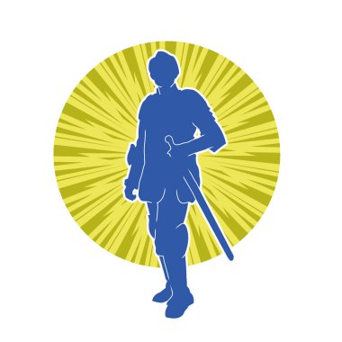 Savaş zırhı giymiş bir erkek savaşçının silueti. Kılıç ile poz veriyor..