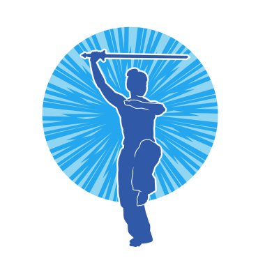 Kung fu 'nun silueti ya da Wushu dövüş sanatları sporcusu pozu. Dövüş sanatları ustasının silueti kılıçlarla poz vermiş..