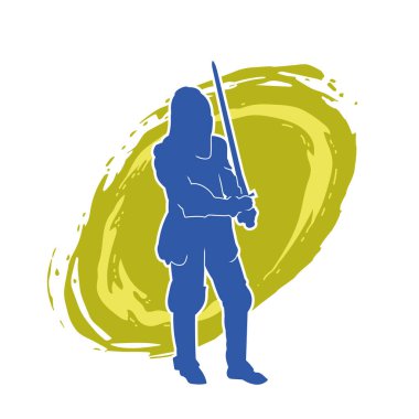 Savaş zırhı giymiş bir erkek savaşçının silueti. Kılıç ile poz veriyor..