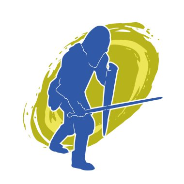 Savaş zırhı giymiş bir erkek savaşçının silueti. Kılıç ve demir kalkan kullanıyor.