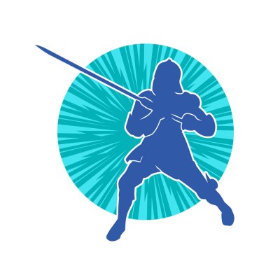 Savaş zırhı giymiş bir erkek savaşçının silueti. Kılıç ile poz veriyor..