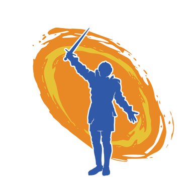 Savaş zırhı giymiş bir erkek savaşçının silueti. Kılıç ile poz veriyor..