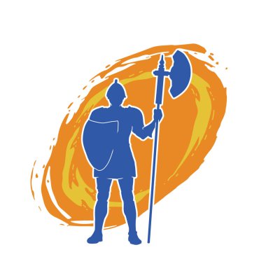 Polarm silahı ve demir kalkanı olan eski bir askerin silueti. Bir Romalı savaşçının silueti halberd ya da polebaltalı silah kullanıyor..