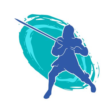 Savaş zırhı giymiş bir erkek savaşçının silueti. Kılıç ile poz veriyor..