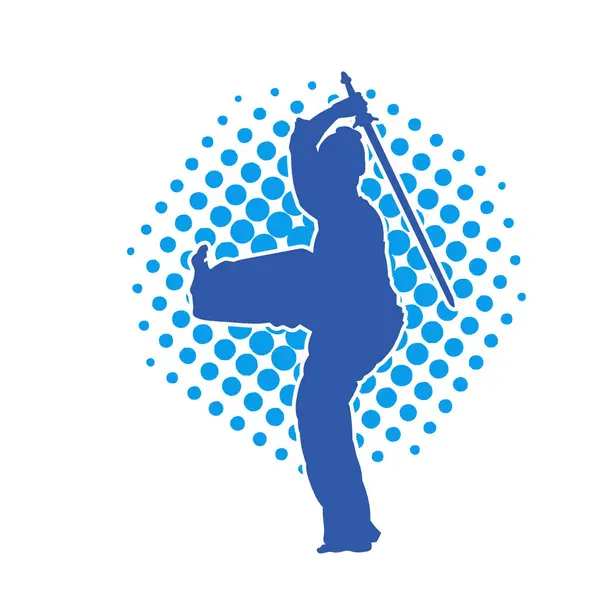 Silhouette of a kungfu or wushu martial art athlete in action pose. Silhouette of a martial art person in pose with swords weapon.