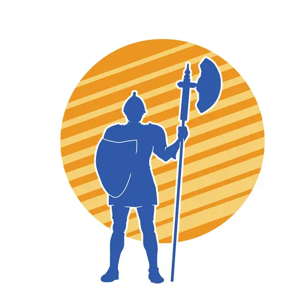 Stock vector Silhouette of an ancient soldier with polearm weapon and iron shield. Silhouette of a roman warrior using halberd or poleaxe weapon.