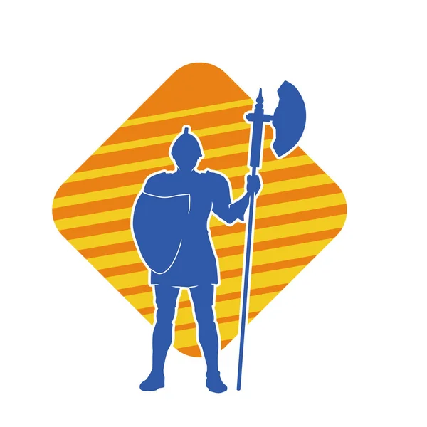 stock vector Silhouette of an ancient soldier with polearm weapon and iron shield. Silhouette of a roman warrior using halberd or poleaxe weapon.