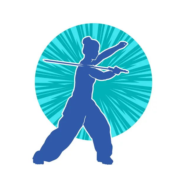 Silhouette of a kungfu or wushu martial art athlete in action pose. Silhouette of a martial art person in pose with swords weapon.