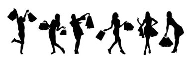 Siluet grubu, şık, ince bir kadın alışveriş torbaları taşıyor.