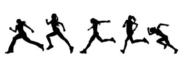 Siluet grubu koşan bir spor kadını. Siluet koleksiyonu, kadın koşu pozu.